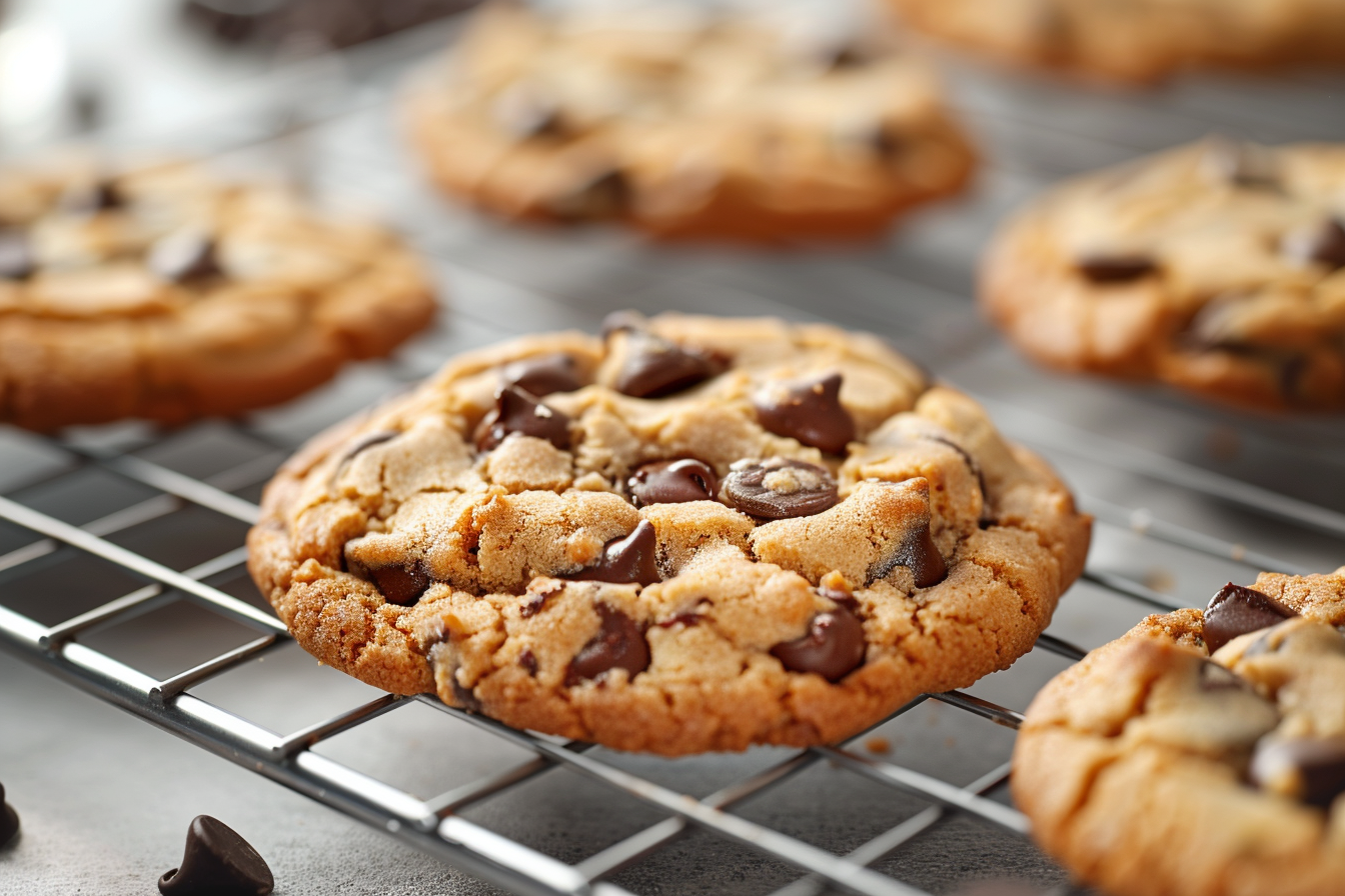 Freshly baked chocolate chip cookies cooling on a wire rack